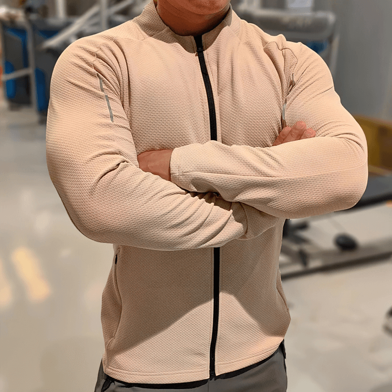 Modern zip-up textured sports jacket with O-Neck collar and pockets, designed for men, featuring quick-dry and windproof technology.