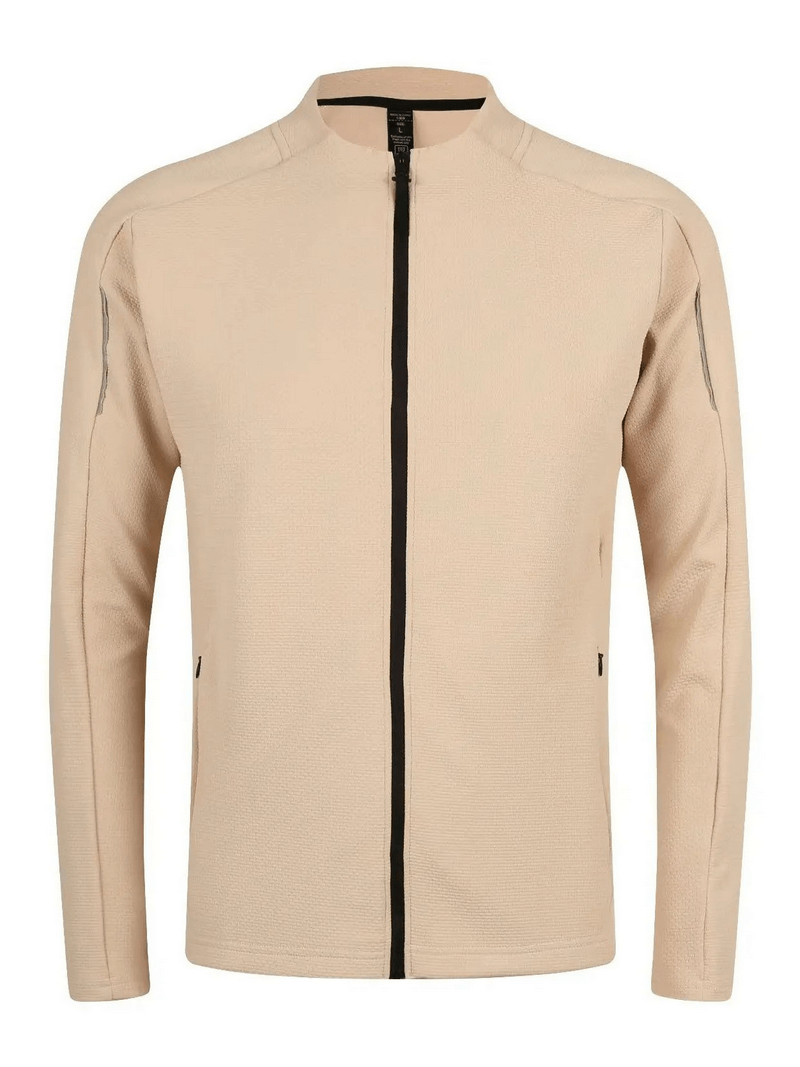 Modern zip-up textured sports jacket with pockets, beige color, breathable cotton, designed for running, waterproof and windproof.