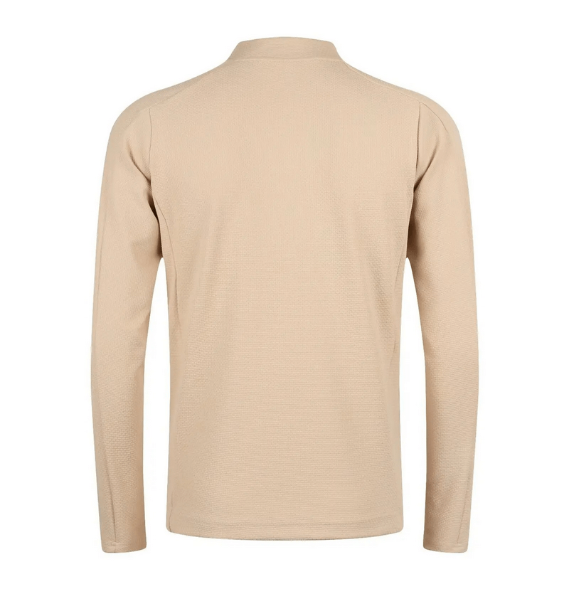 Back view of beige modern zip-up sports jacket with O-neck, crafted for men with quick-dry, waterproof fabric, designed for running.