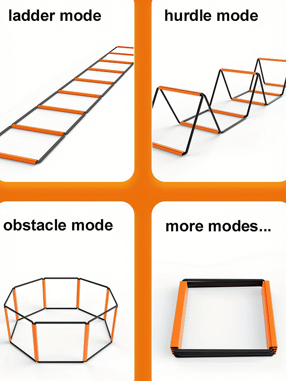 Modular agility ladder and hurdle training set in ladder, hurdle, and obstacle modes for speed and coordination workouts.