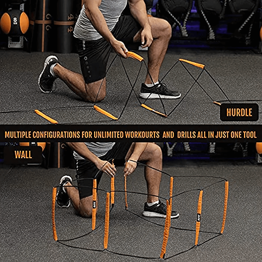 Man using modular agility ladder and hurdle set for speed training, demonstrating versatile configurations on gym floor.
