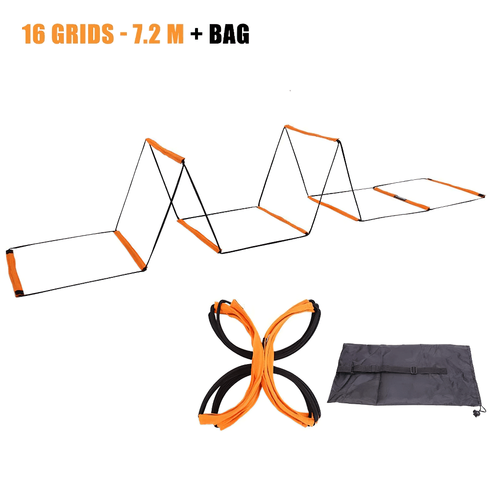 Modular agility ladder and hurdle set with 16 grids, lightweight and portable, ideal for speed training and fitness drills.
