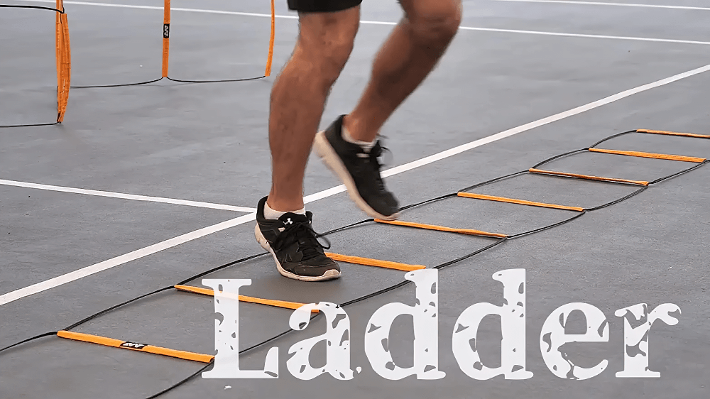 Athlete using modular agility ladder for speed training on a court for improved footwork and agility.