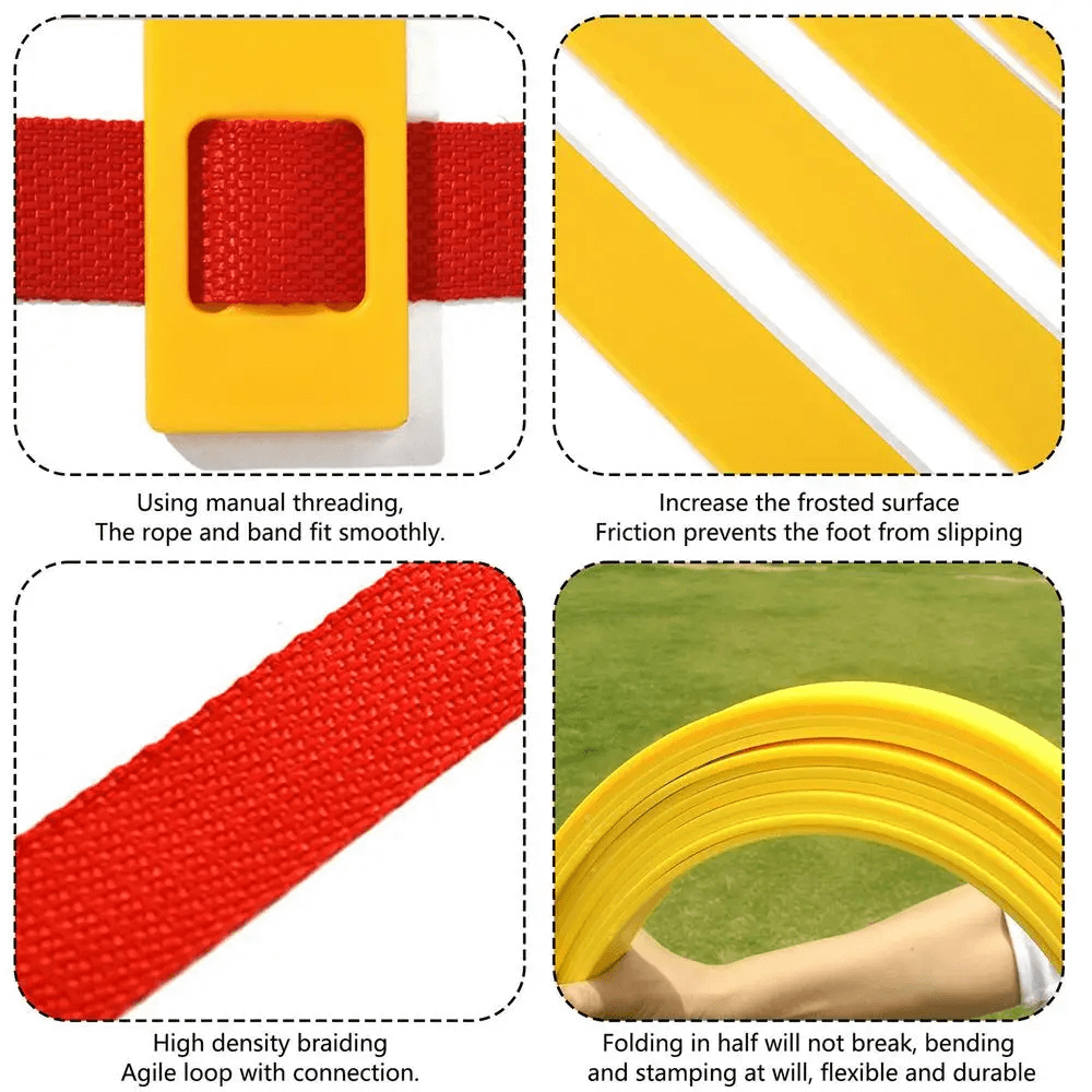 Close-up of modular agility ladder with frosted, anti-slip rungs and durable red webbing, shown in multiple configurations.