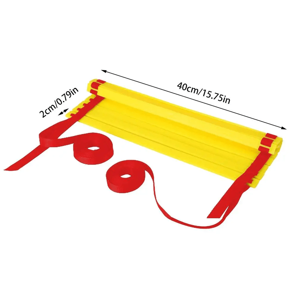 Modular agility ladder with frosted rungs, rolled up, and red webbing for footwork training. Includes measurements in cm and inches.
