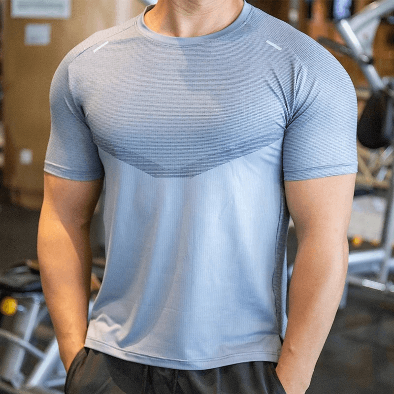 Gray moisture-wicking athletic t-shirt for men with an O-neck collar, ideal for an active lifestyle - Fit Clothing SF2001.