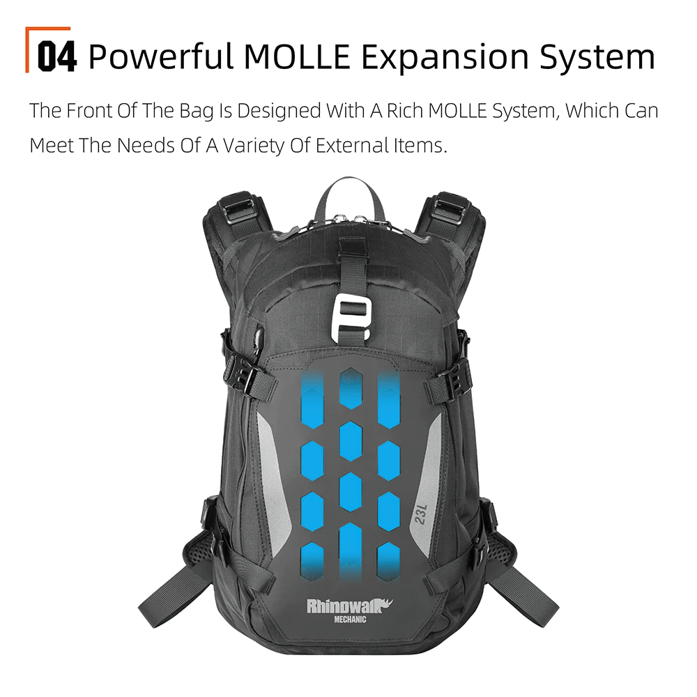 Black motorcycle backpack with MOLLE expansion system and magnetic quick-release, featuring breathable back and helmet buckle.