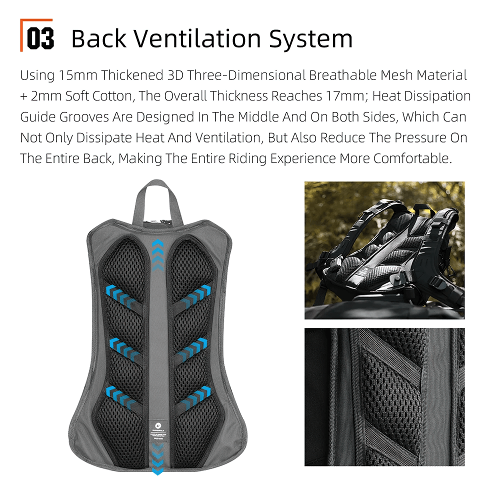 Motorcycle backpack back ventilation system with breathable mesh material and heat dissipation grooves for comfortable riding.