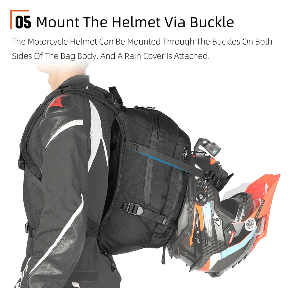 Motorcycle backpack with helmet buckle and rain cover, worn by a rider, perfect for long-distance travel. Features magnetic release system.