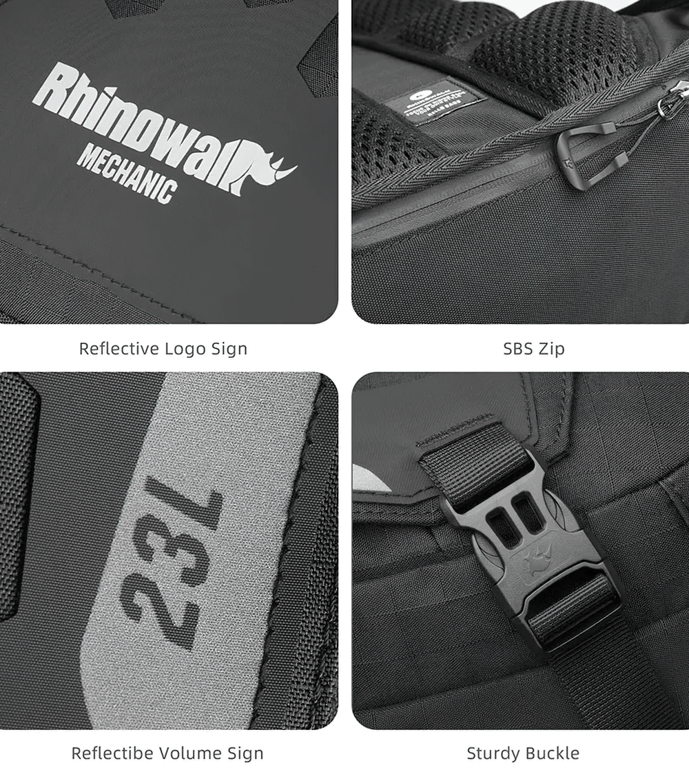 Close-up of motorcycle backpack features: reflective logo, SBS zip, 23L volume sign, and sturdy buckle for helmet attachment.