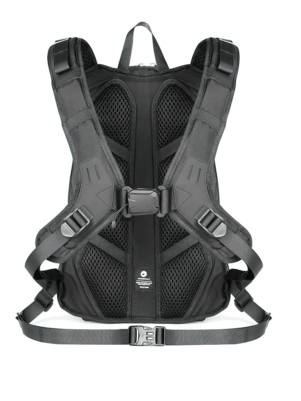 Back view of motorcycle backpack with adjustable straps, breathable mesh design, and helmet buckle attachment for off-road travel.