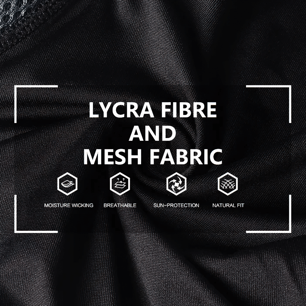 Close-up of black Lycra fabric with text highlighting moisture wicking, breathability, sun protection, and natural fit features.