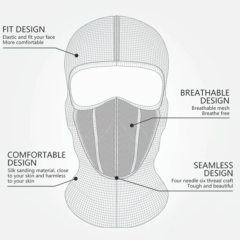 Illustration of motorcycle balaclava SF2506 highlighting fit, breathable, comfortable, and seamless design features.