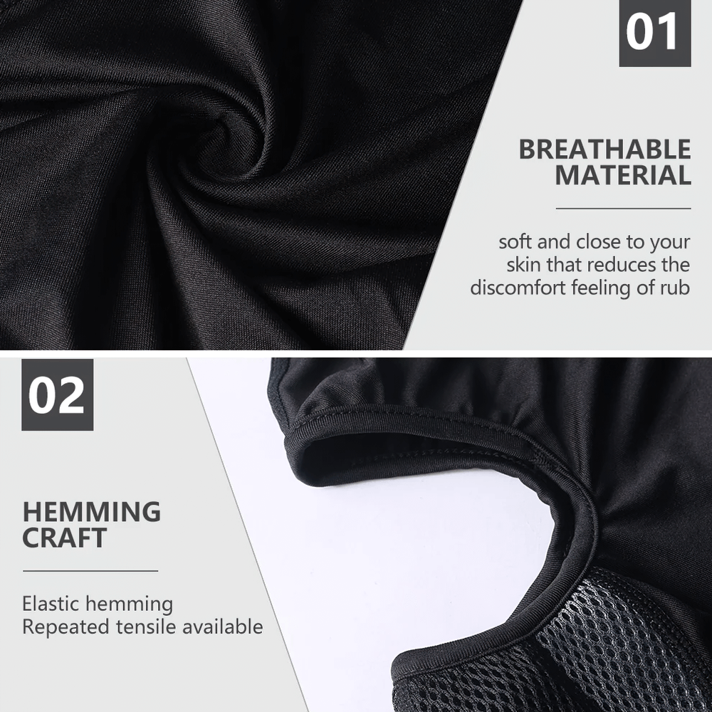 Motorcycle balaclava showcasing breathable Lycra material and elastic hemming for windproof, dustproof facial protection during outdoor activities.