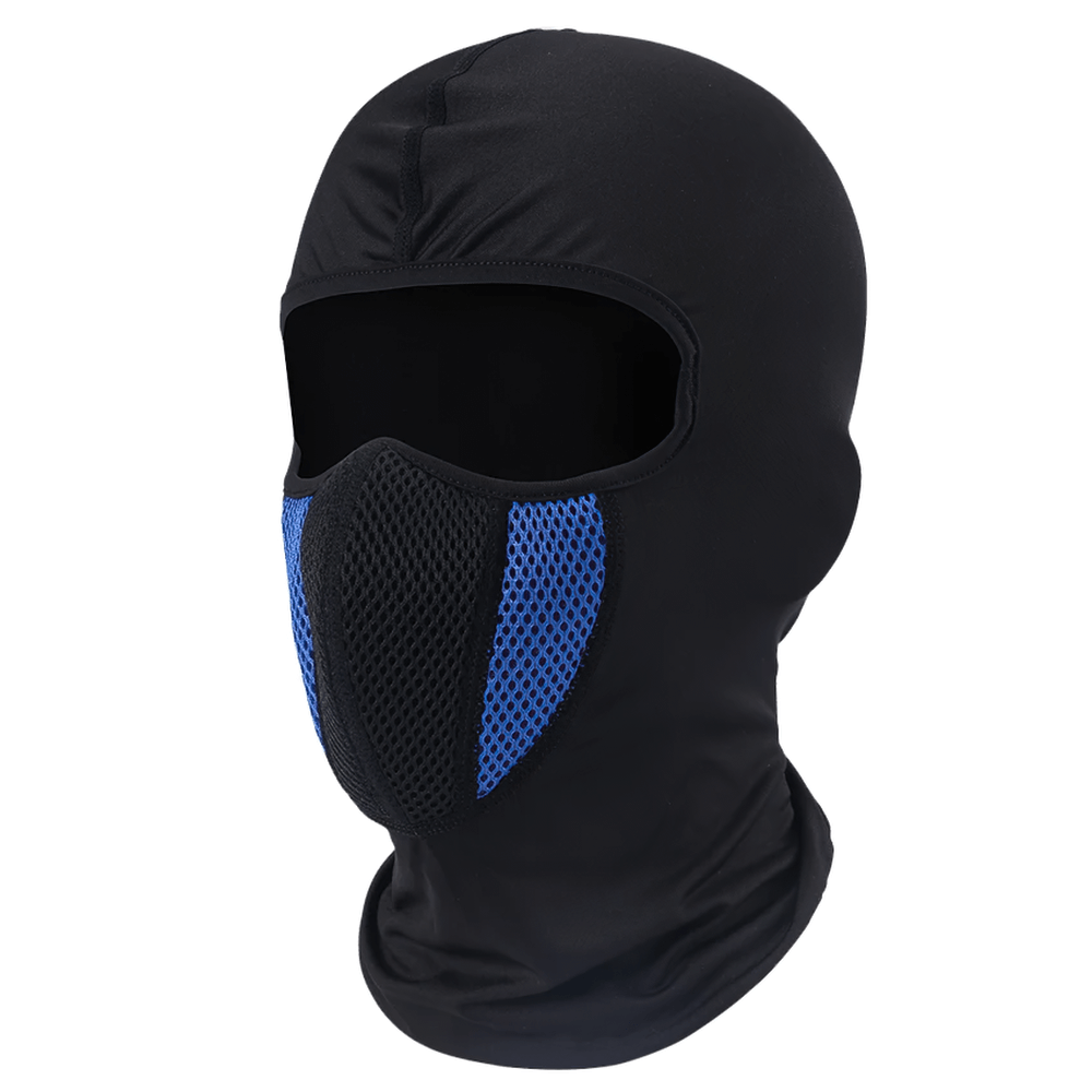 Black and blue motorcycle balaclava SF2506, windproof and breathable face mask for outdoor activities like moto riding and skiing.