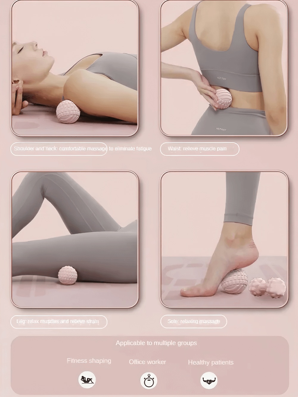 Woman using multi-color massage balls for muscle relief on neck, back, legs, and feet. Perfect for fitness and relaxation.