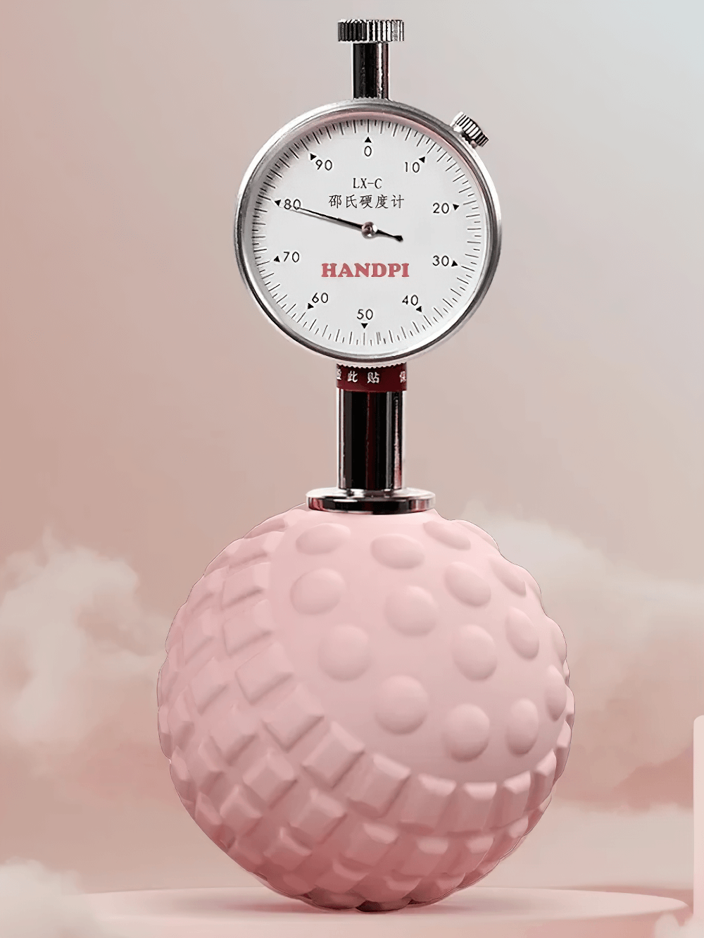 Pink textured massage ball with a pressure gauge for muscle relief and relaxation.