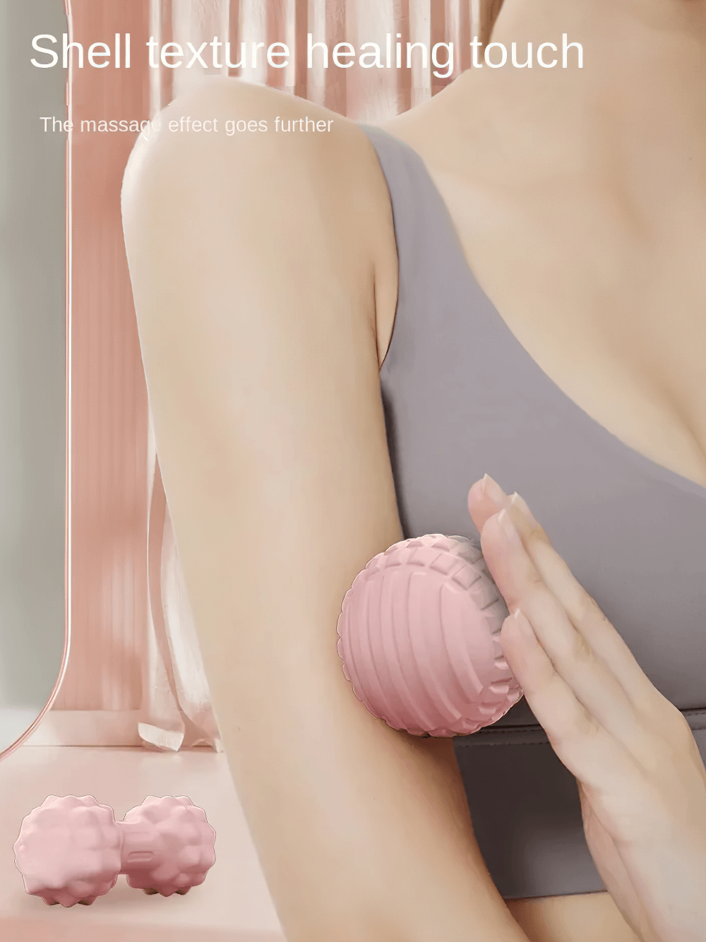 Woman using pink massage ball on arm for muscle relief, with two more textured massage balls displayed nearby.