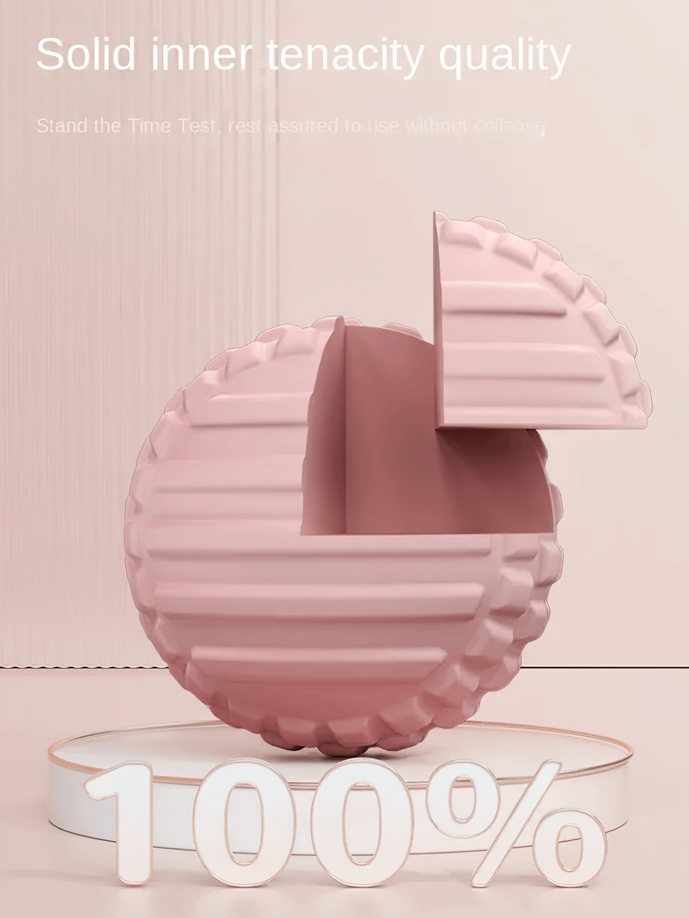 Pink textured object on display with text 'Solid inner tenacity quality' and '100%'. Modern design concept in soft pastel colors.