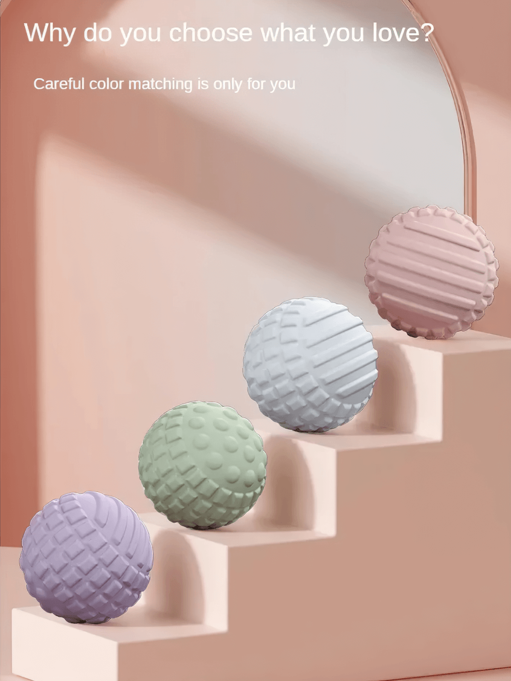 Multi-color massage balls on steps for muscle relief, highlighting texture and design for effective relaxation and circulation improvement.