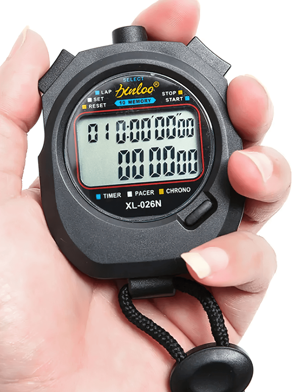 Multi-function electronic sports stopwatch SF3079 with large screen and waterproof design held in hand, perfect for sports training.