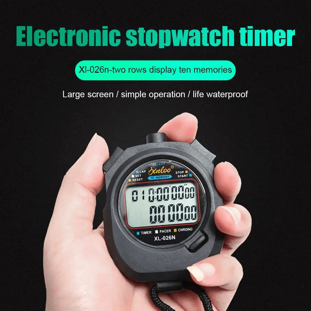 Digital waterproof stopwatch XL-026N with large screen, ten memories, and simple operation. Ideal for sports and exercise timing.