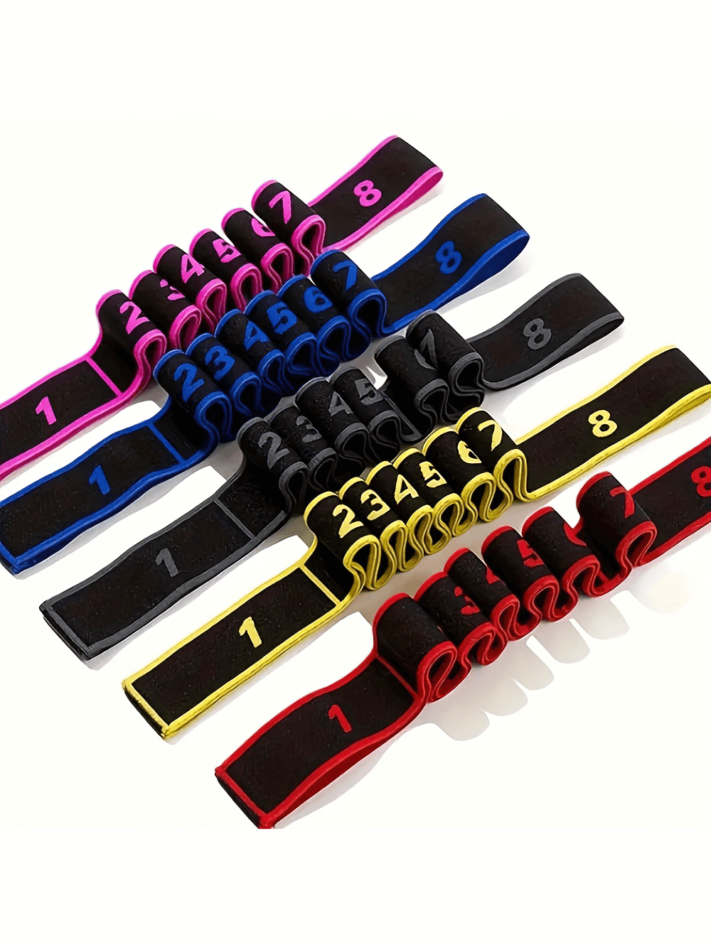 Colorful multi-level resistance bands with numbered loops for stretching and fitness training. Ideal for yoga, Pilates, and muscle toning.