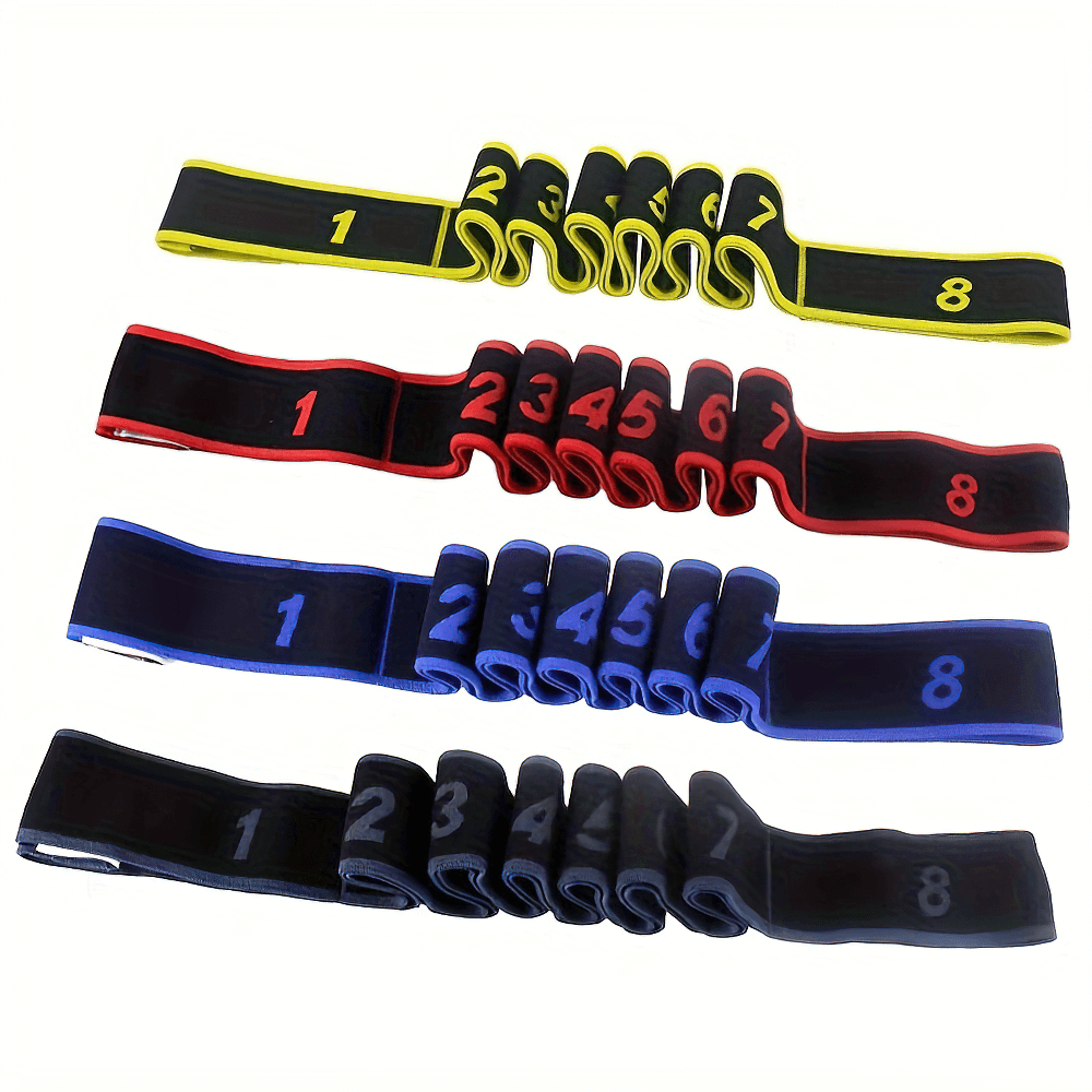 Colorful multi-level resistance bands with numbered loops for flexibility training and muscle toning.