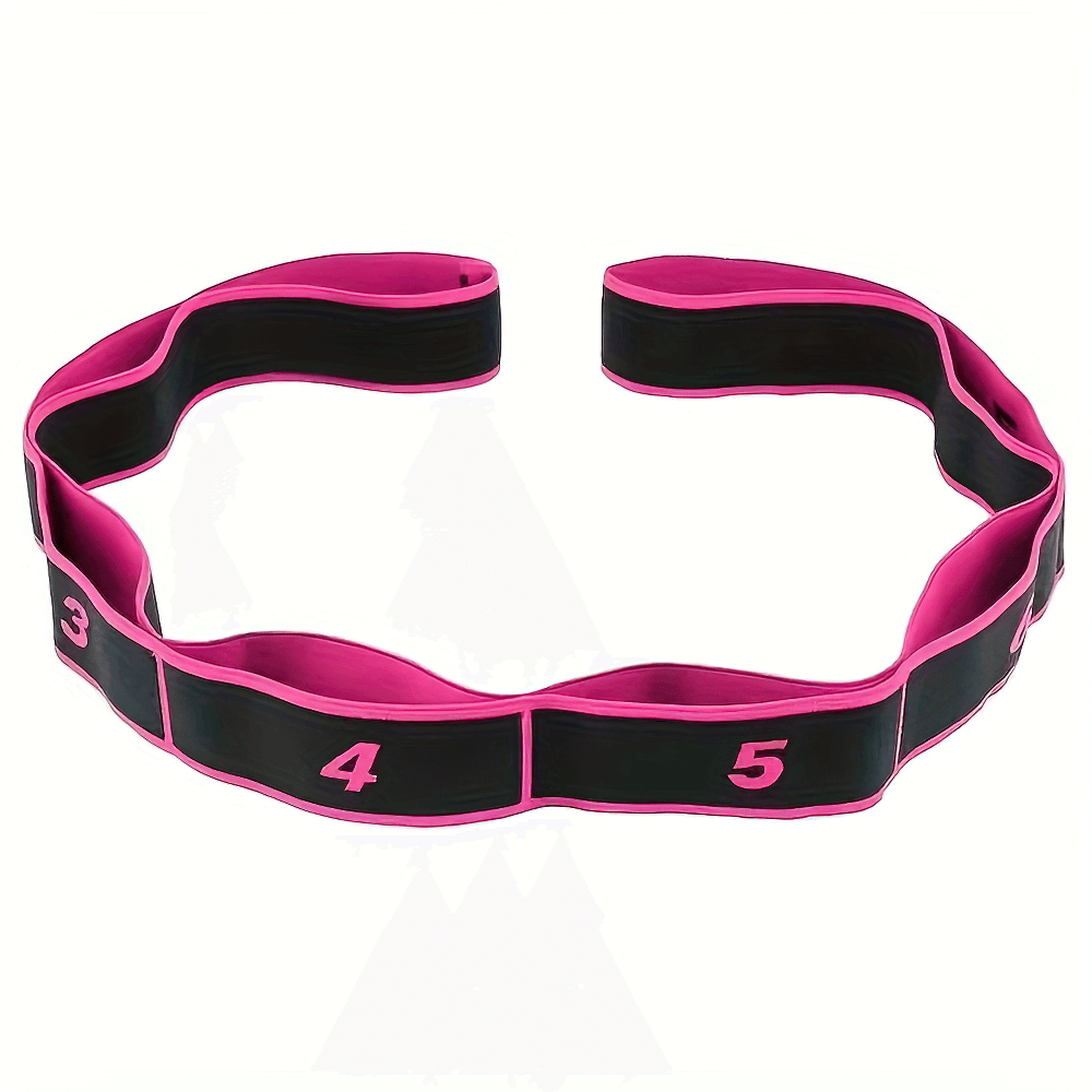 Pink and black numbered resistance band for flexibility training in yoga and Pilates, ideal for muscle toning and rehabilitation.