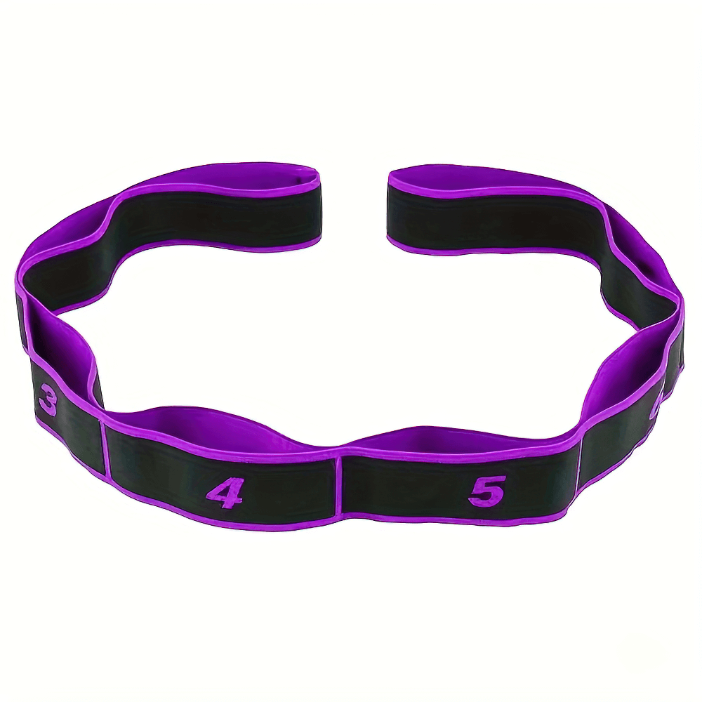 Adjustable numbered resistance band for flexibility training in black and purple, ideal for yoga, Pilates, and fitness routines.