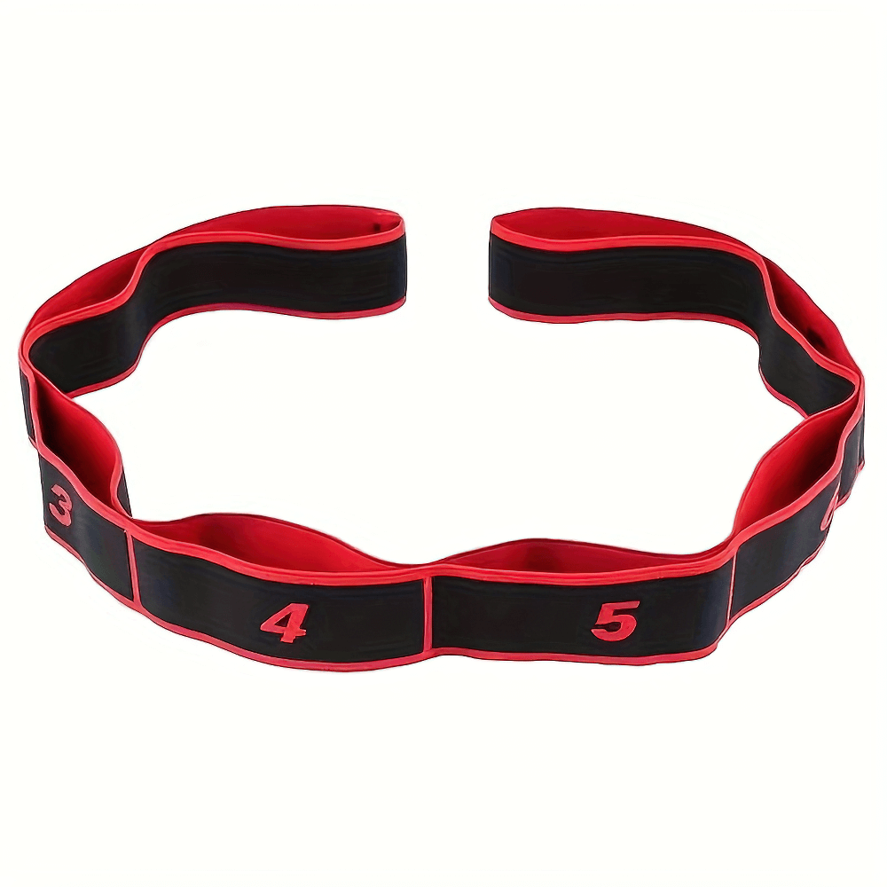 Multi-level resistance band with numbered loops for flexibility training and stretching, ideal for yoga and Pilates exercises.