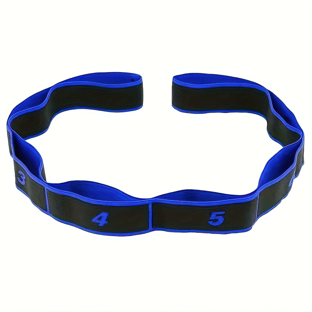 Adjustable numbered resistance band for yoga and Pilates, blue-black elastic with loops for flexibility training and muscle toning.