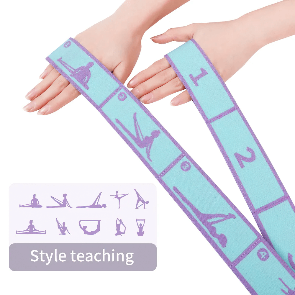 Hands holding multi-loop elastic yoga strap with stretch guide, ideal for flexibility and strength exercises, perfect for Women's Day gift.