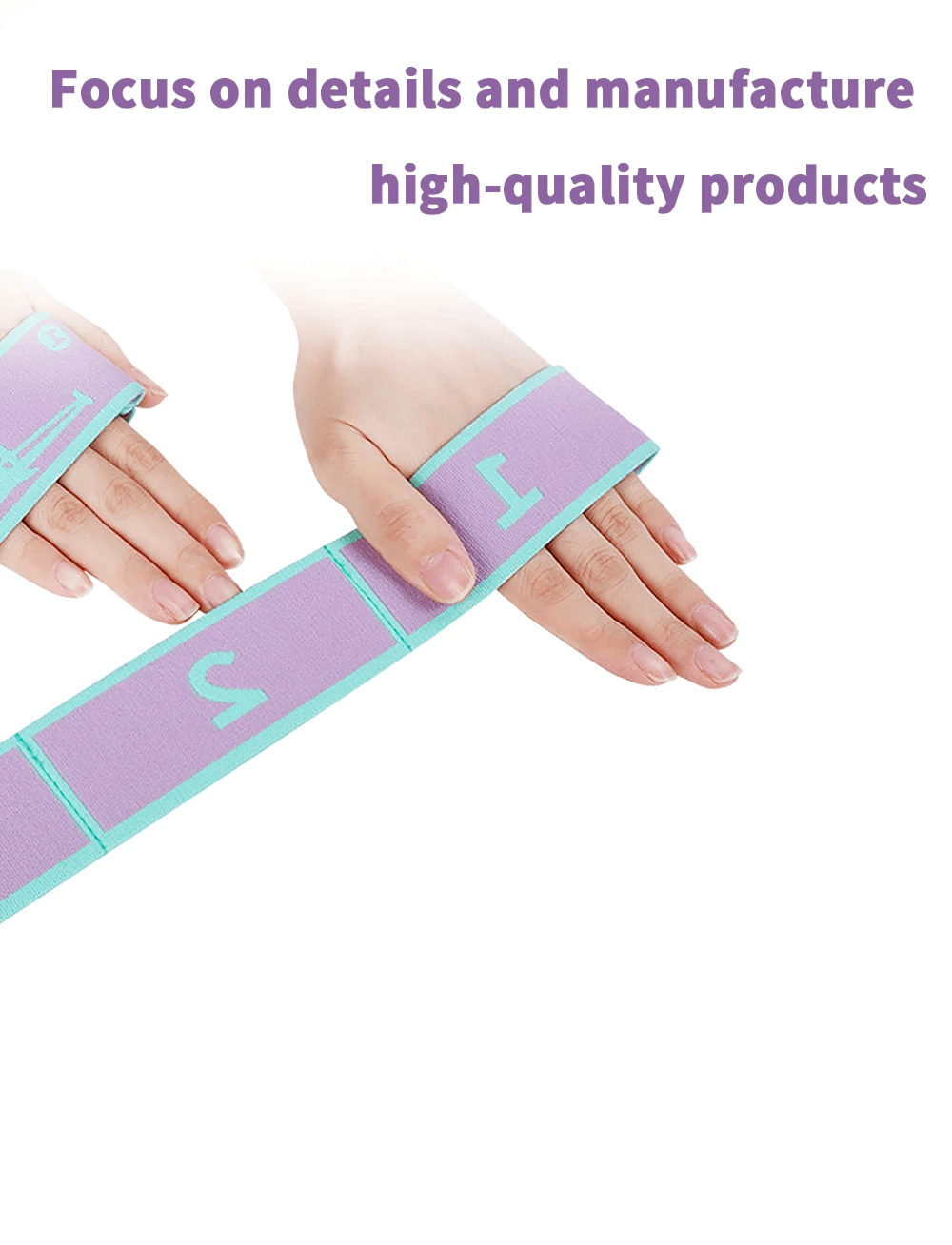 Hands holding a purple and teal multi-loop elastic yoga strap for stretching and exercise.