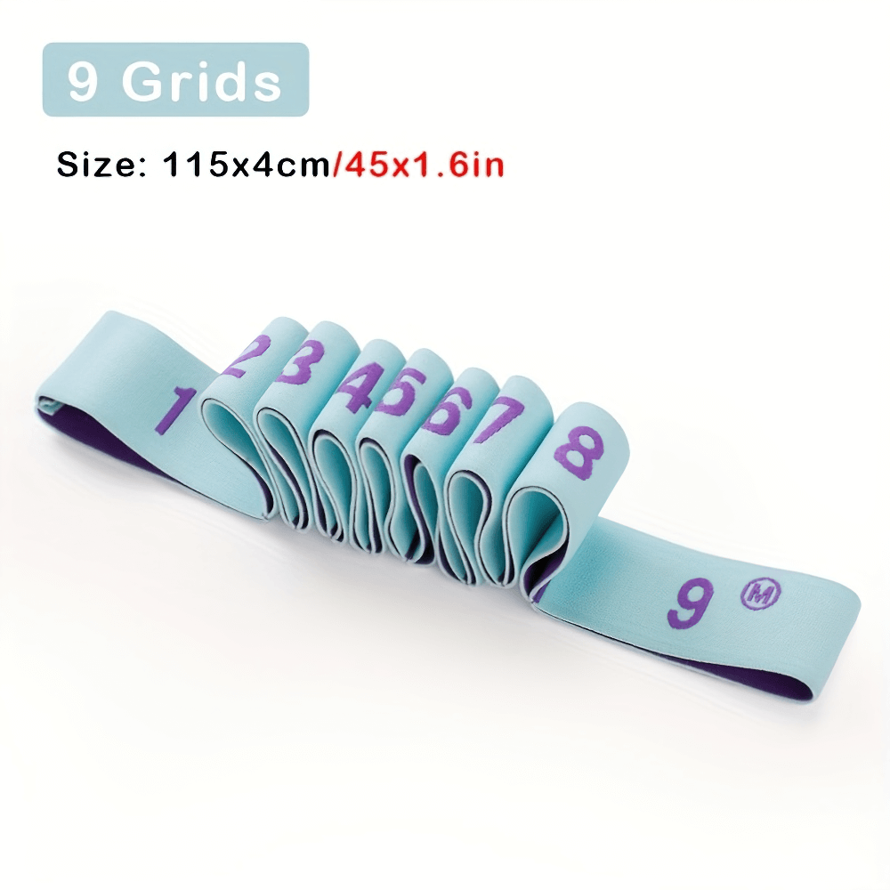 9-grid elastic yoga strap for stretching, size 115x4cm, in blue. Ideal for flexibility and fitness exercises, perfect for women.