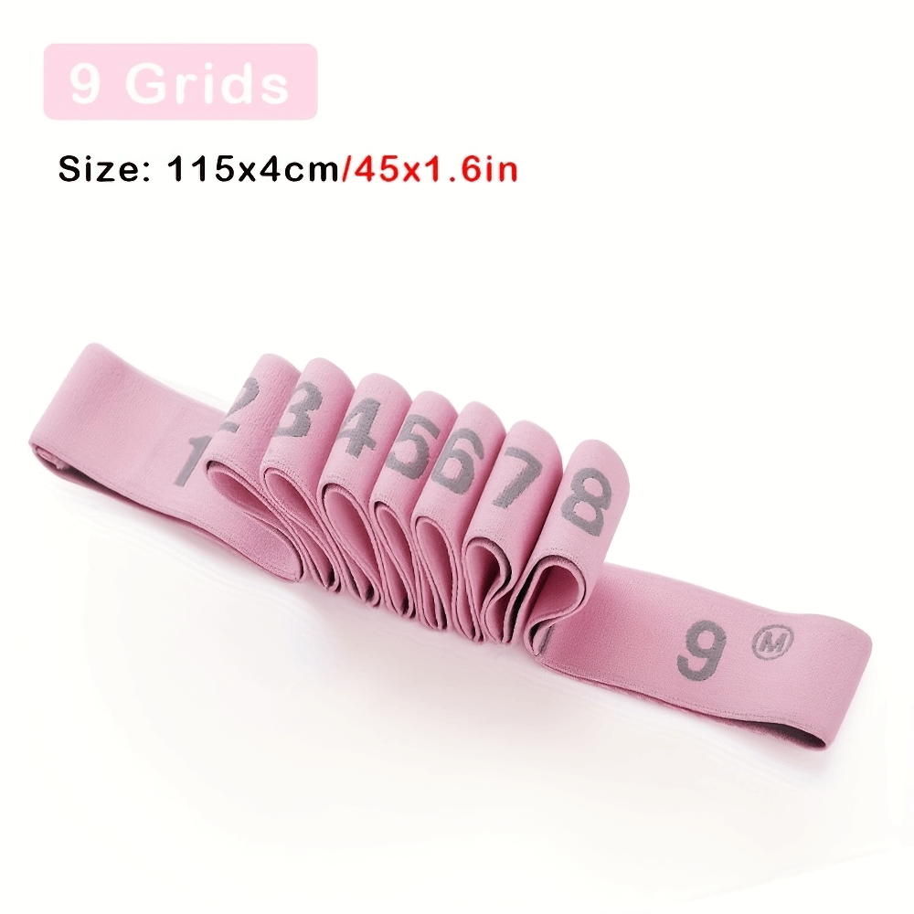 Pink 9-grid elastic yoga strap, size 115x4 cm, perfect for stretching and fitness exercises, ideal for enhancing flexibility.