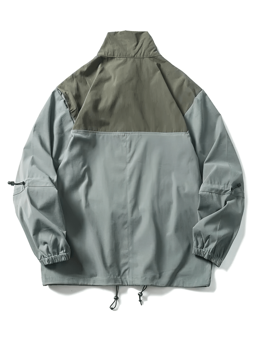 Back view of multi-pocket utility jacket SF2280 in grey and green, featuring adjustable drawstrings and elastic cuffs for outdoor adventures.