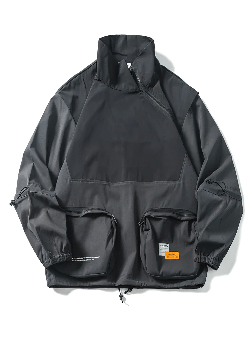 Black multi-pocket utility jacket with adjustable drawstrings and elastic cuffs, ideal for outdoor adventures and urban exploration.