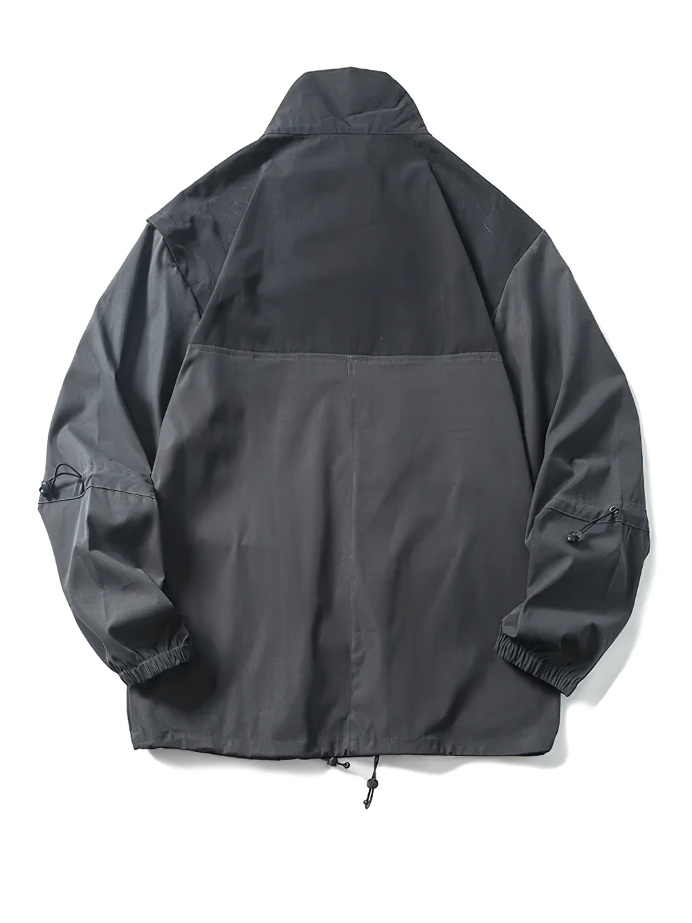 Back view of black multi-pocket utility jacket SF2280 for outdoor adventures with adjustable drawstrings and elastic cuffs.