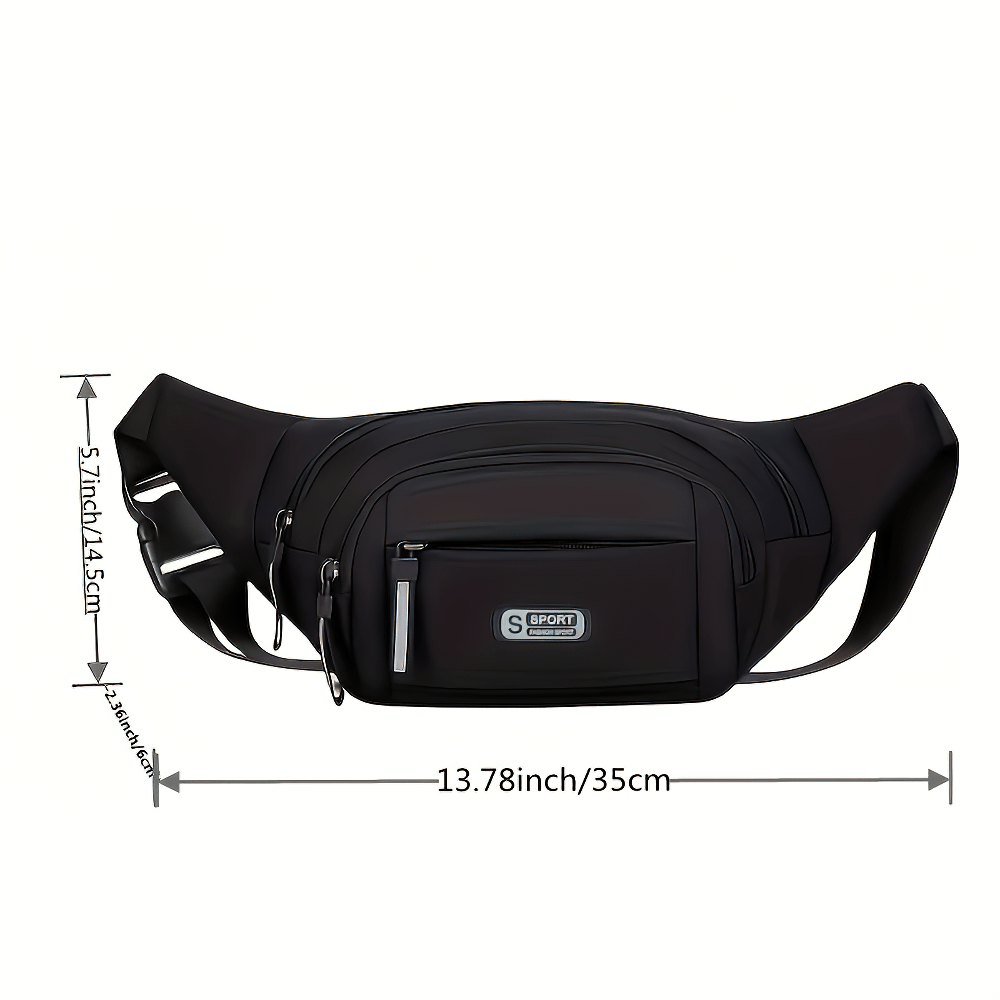 Black multi-pocket waist bag with adjustable strap, shown with measurements, ideal for travel and sports storage.