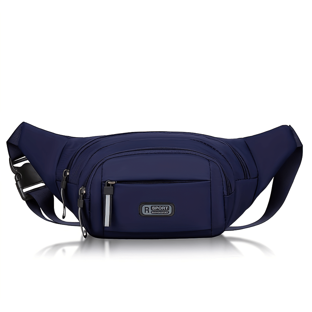 Navy blue multi-pocket waist bag with adjustable strap for travel and sports, ideal for hiking, cycling, and urban exploration. Model SF2680.