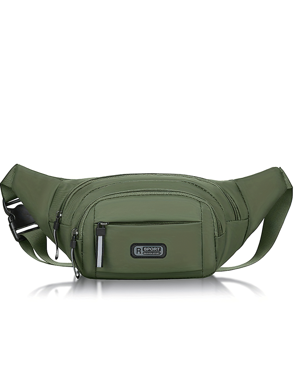 Olive green multi-pocket waist bag with adjustable strap for outdoor travel and sports.