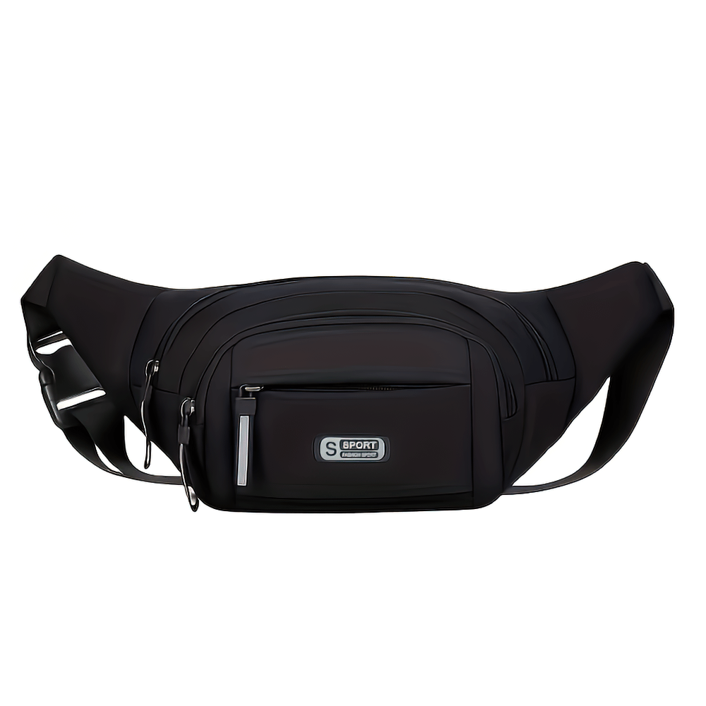 Black multi-pocket waist bag with adjustable strap, ideal for outdoor activities and travel. Model SF2680, water-resistant and spacious.