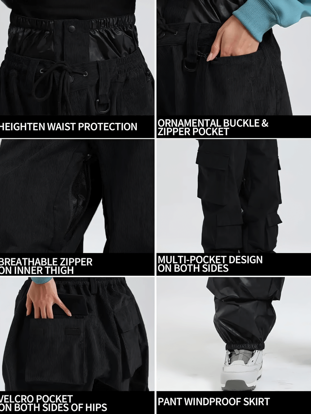Close-up of Multi-Pockets Baggy Snowboard Cargo Pants - SF4246 featuring adjustable waist, zipper pockets, and multi-pocket design for skiing.