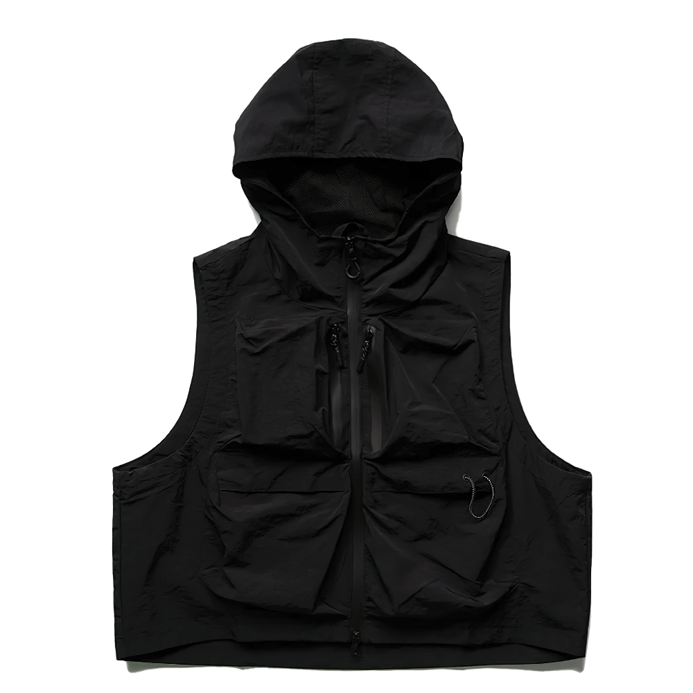 Alt Tag: Black multi-pocket waterproof cargo vest with hood, ideal for outdoor activities, stylish and durable nylon design for men.