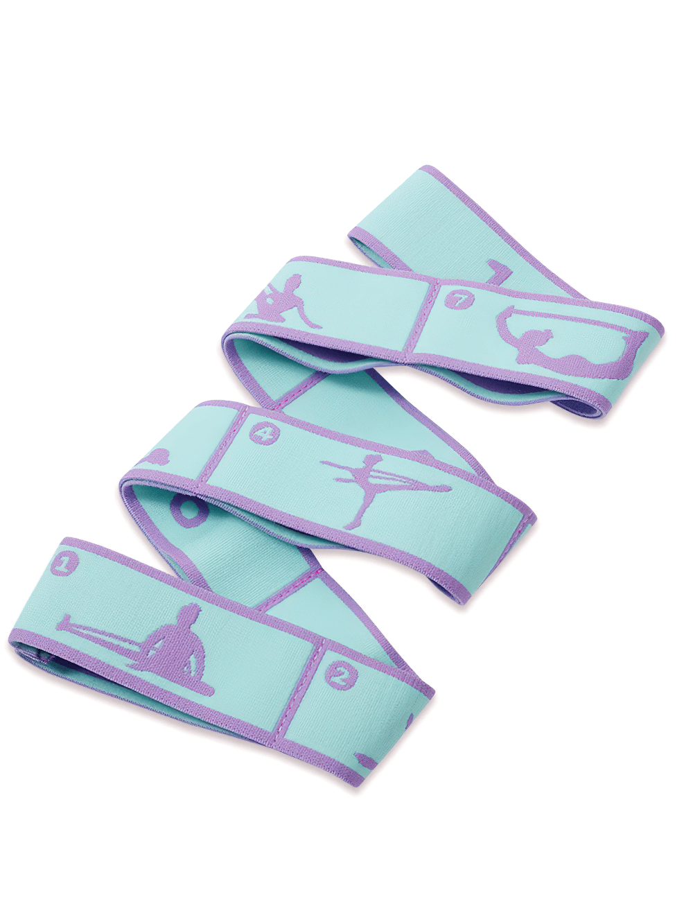 Multi-section yoga stretch strap with 8 loops in light blue and purple, ideal for pilates, dance, and fitness flexibility exercises.