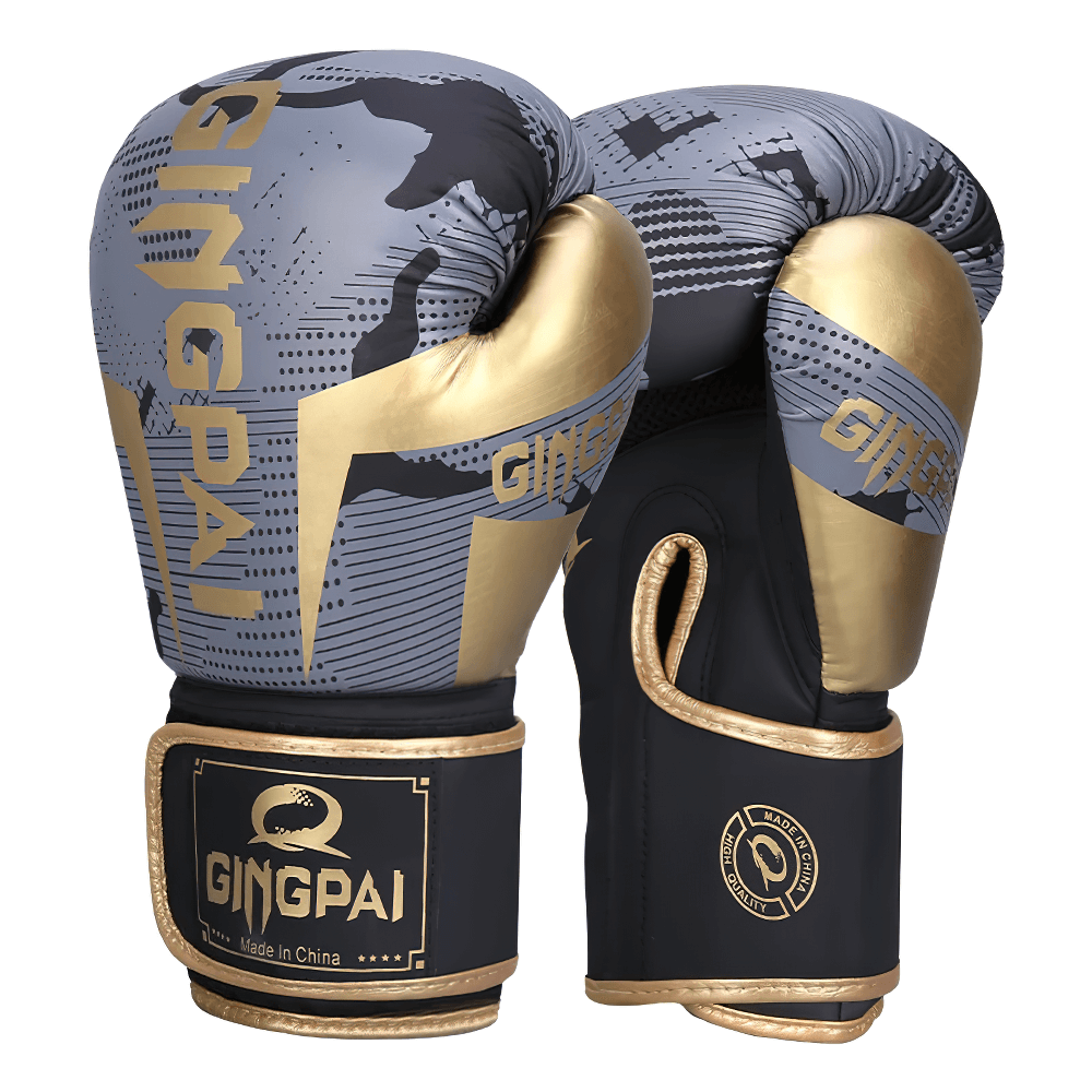 Gray and gold boxing gloves with PU leather, designed for durability and style. Ideal for sparring and training sessions.
