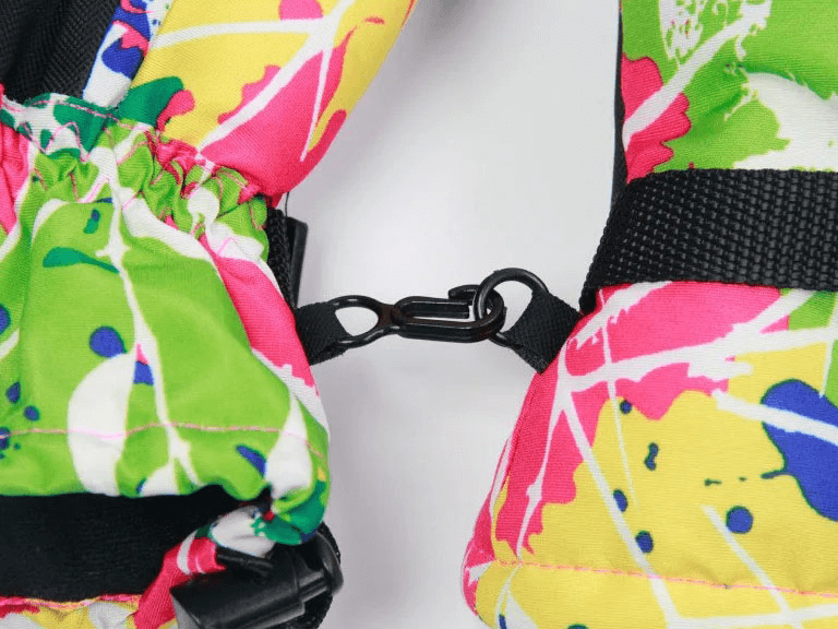 Colorful snowboarding ski gloves with clip, featuring windproof and waterproof polyester fabric for winter sports.