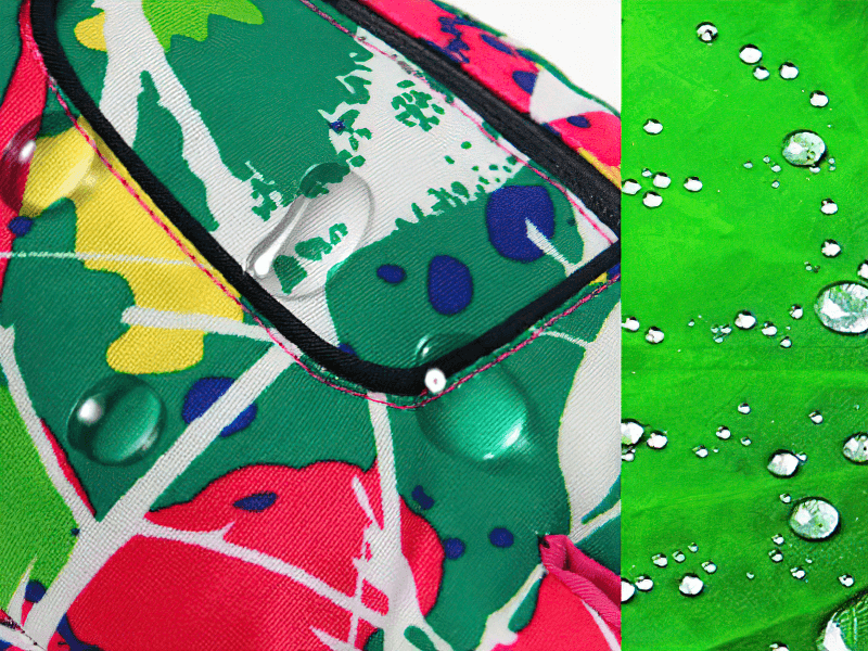 Close-up of multicolor waterproof fabric on ski gloves with water droplets showcasing durability and vibrant design.