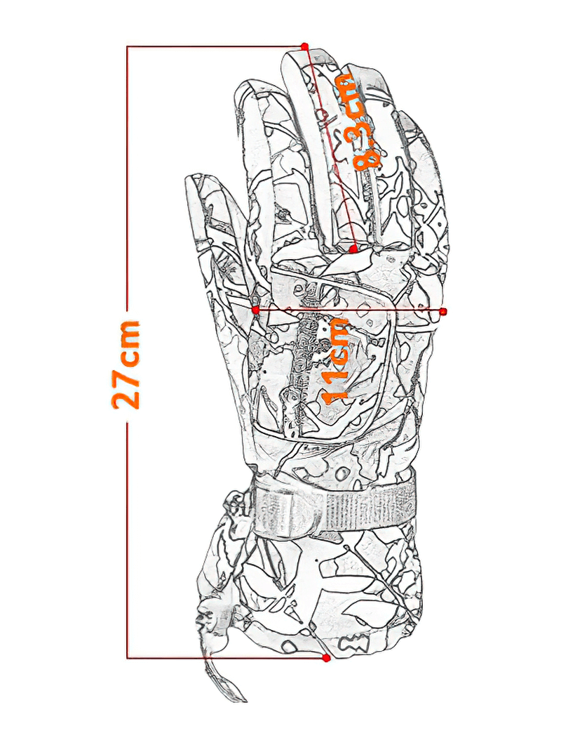 Diagram of Multicolor Warm Waterproof Snowboarding Ski Gloves with dimensions labeled in centimeters.